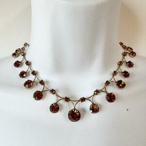 Women Art Deco Style Necklace Amber Topaz Colored Stone Gold Tone Metal